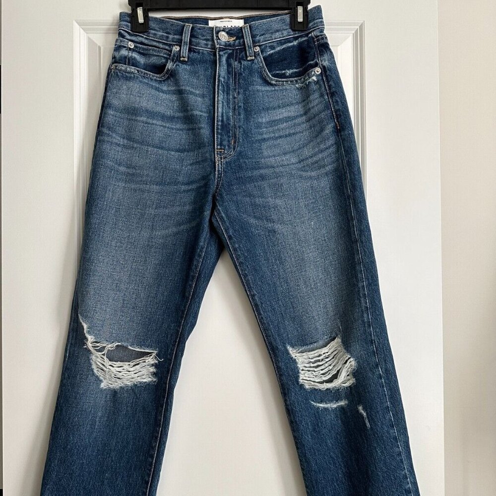 Women's SLVRLAKE London Crop Ripped Straight Leg Jeans in Dark Wash Size 26